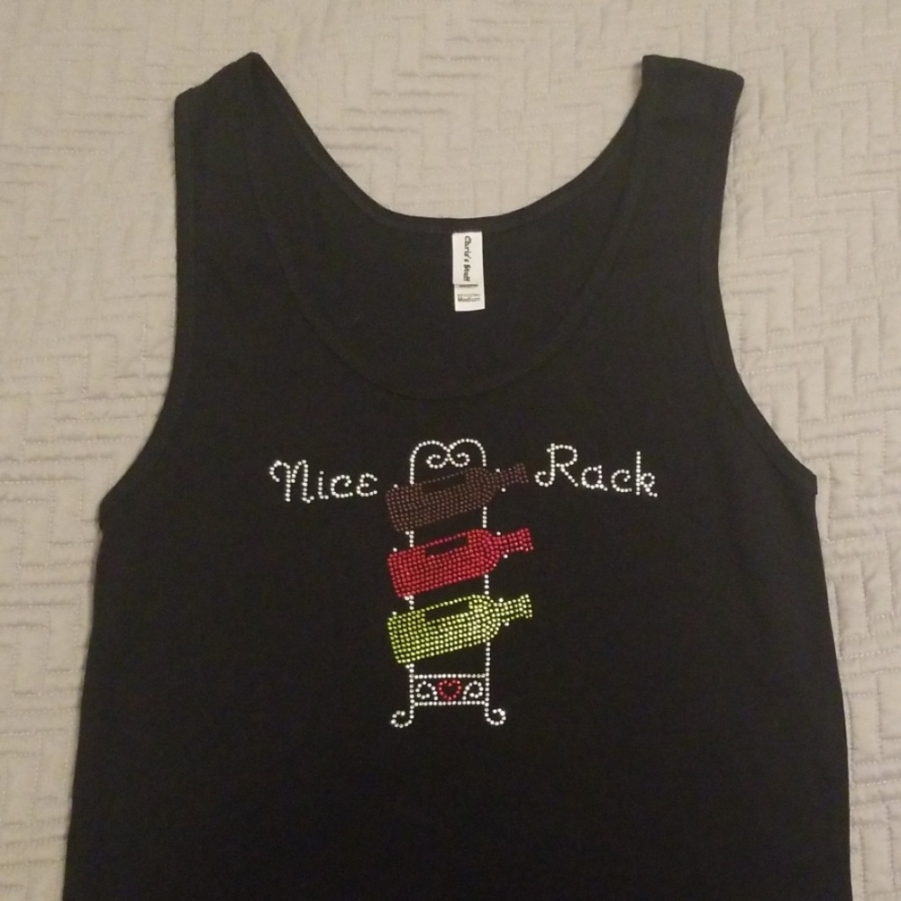 Wine "Nice Rack" rhinestones black tank top